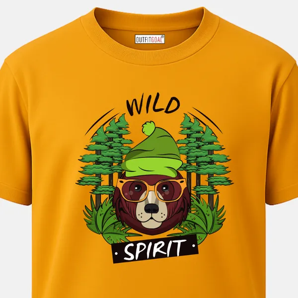 _Regular_Unisex_Yellow_Graphics_T-Shirt,_Cartoon_bear_with_beanie_sunglasses_jungle_leaves_and_trees_wild_spirit_text_|_TRAVEL_MODE