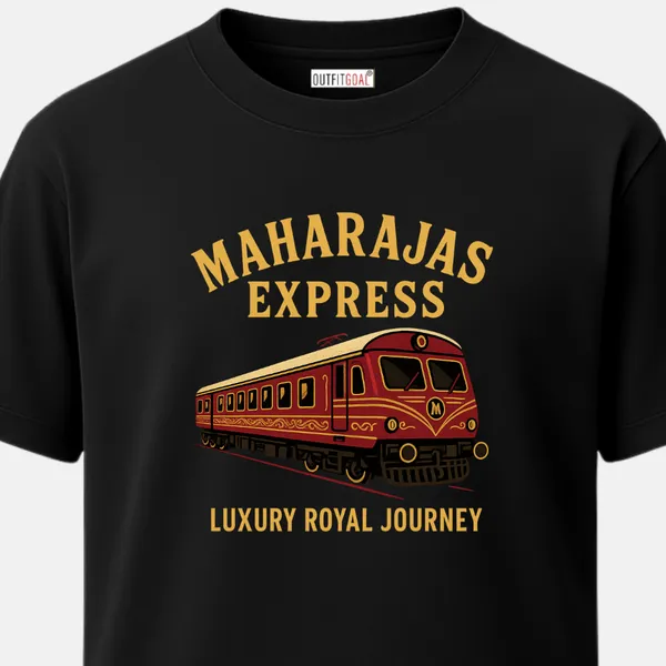 _Regular_Unisex_Navy_Graphics_T-Shirt,_Luxurious_red_gold_express_with_maharajas_express_luxury_royal_journey_text_|_TRAVEL_MODE