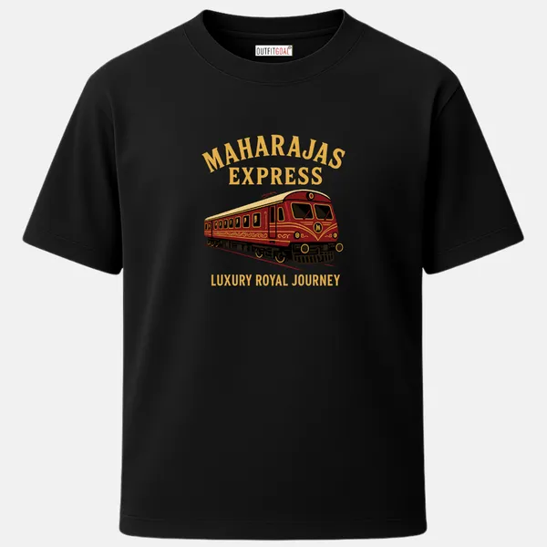 _Regular_Unisex_Navy_Graphics_T-Shirt,_Luxurious_red_gold_express_with_maharajas_express_luxury_royal_journey_text_|_TRAVEL_MODE