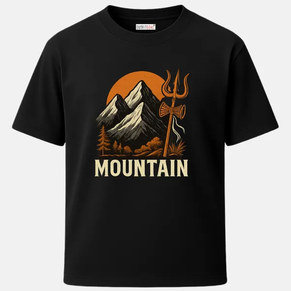 _Regular_Unisex_Black_Graphics_T-Shirt,_Mountains_with_rising_sun_and_trishul_no_extra_text_except_mountain_|_TRAVEL_MODE