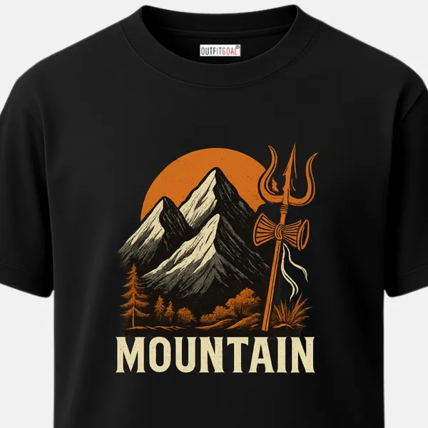 _Regular_Unisex_Black_Graphics_T-Shirt,_Mountains_with_rising_sun_and_trishul_no_extra_text_except_mountain_|_TRAVEL_MODE