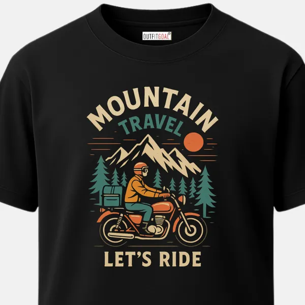 _Regular_Unisex_Black_Graphics_T-Shirt,_Rider_on_motorcycle_mountain_peaks_pine_forest_mountain_travel_let_s_ride_text_|_TRAVEL_MODE