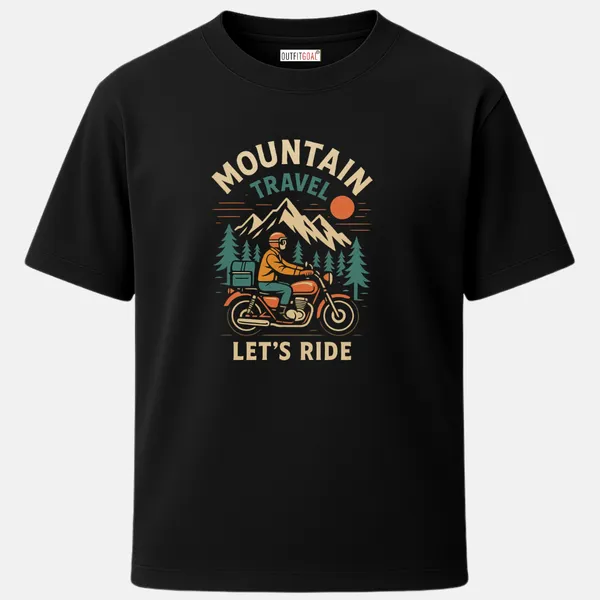 _Regular_Unisex_Black_Graphics_T-Shirt,_Rider_on_motorcycle_mountain_peaks_pine_forest_mountain_travel_let_s_ride_text_|_TRAVEL_MODE