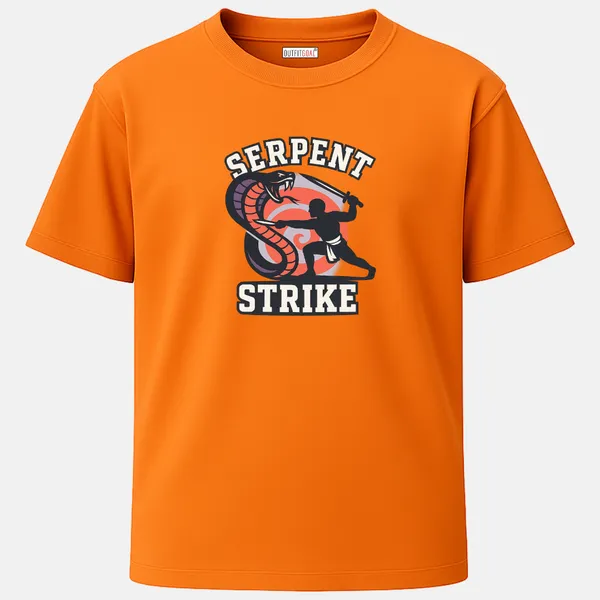 _Regular_Unisex_Bhagwa_Graphics_T-Shirt,_Warrior_with_sword_facing_coiled_cobra_text_serpent_strike_|_SPORTS_MODE