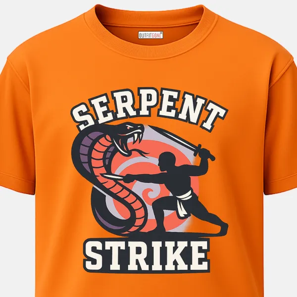 _Regular_Unisex_Bhagwa_Graphics_T-Shirt,_Warrior_with_sword_facing_coiled_cobra_text_serpent_strike_|_SPORTS_MODE