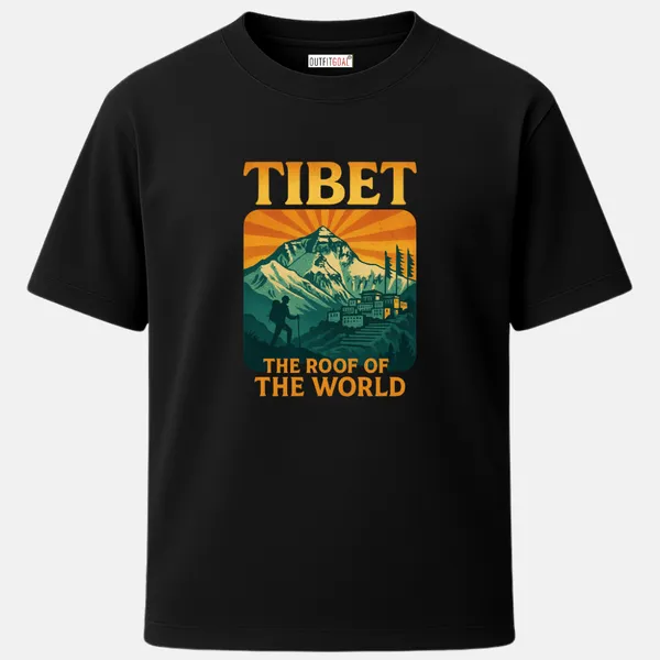 _Regular_Unisex_Black_Graphics_T-Shirt,_Hiker_trekking_towards_snow_peaks_with_sunrise_and_monastery_scene_|_TRAVEL_MODE