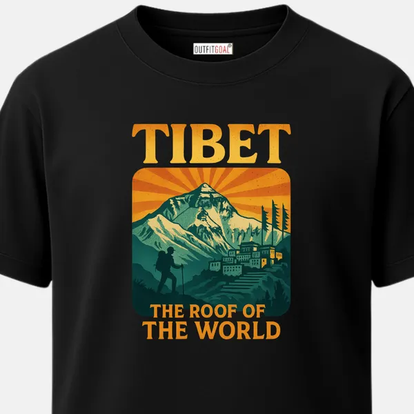 _Regular_Unisex_Black_Graphics_T-Shirt,_Hiker_trekking_towards_snow_peaks_with_sunrise_and_monastery_scene_|_TRAVEL_MODE