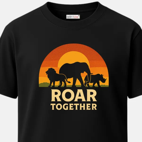 _Regular_Unisex_Black_Graphics_T-Shirt,_Lion_elephant_rhino_silhouettes_under_sun_arc_type_art_roar_together_|_TRAVEL_MODE