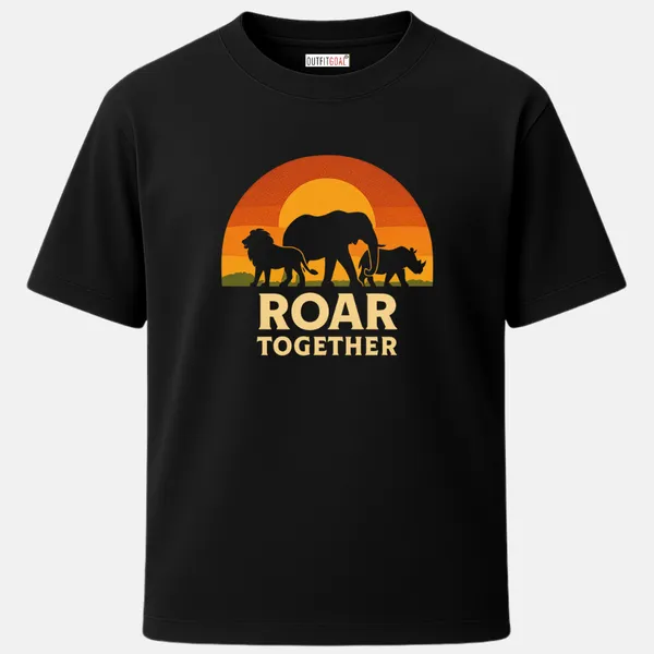 _Regular_Unisex_Black_Graphics_T-Shirt,_Lion_elephant_rhino_silhouettes_under_sun_arc_type_art_roar_together_|_TRAVEL_MODE