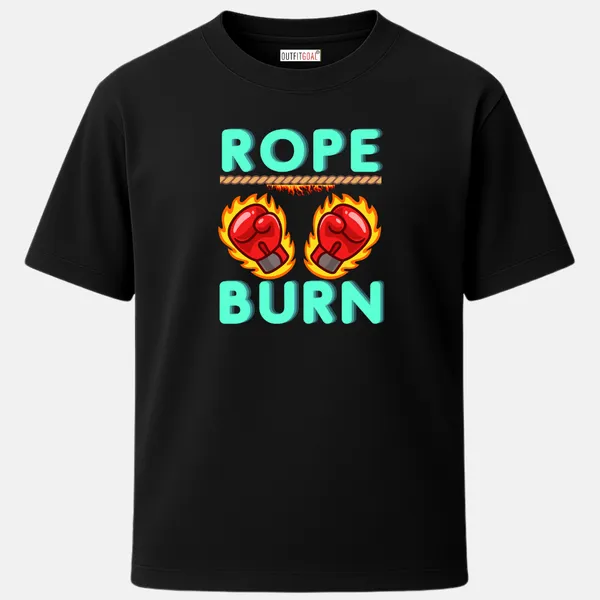 _Regular_Unisex_Black_Graphics_T-Shirt,_Flaming_rope_and_gloves_text_rope_burn_|_SPORTS_MODE