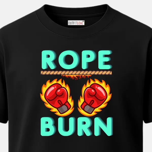 _Regular_Unisex_Black_Graphics_T-Shirt,_Flaming_rope_and_gloves_text_rope_burn_|_SPORTS_MODE