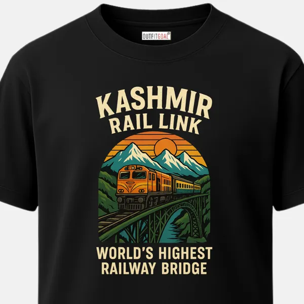 _Regular_Unisex_Navy_Graphics_T-Shirt,_Orange_train_crossing_mountain_bridge_under_sunset_with_kashmir_rail_link_type_art_|_TRAVEL_MODE