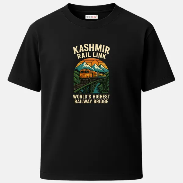 _Regular_Unisex_Navy_Graphics_T-Shirt,_Orange_train_crossing_mountain_bridge_under_sunset_with_kashmir_rail_link_type_art_|_TRAVEL_MODE