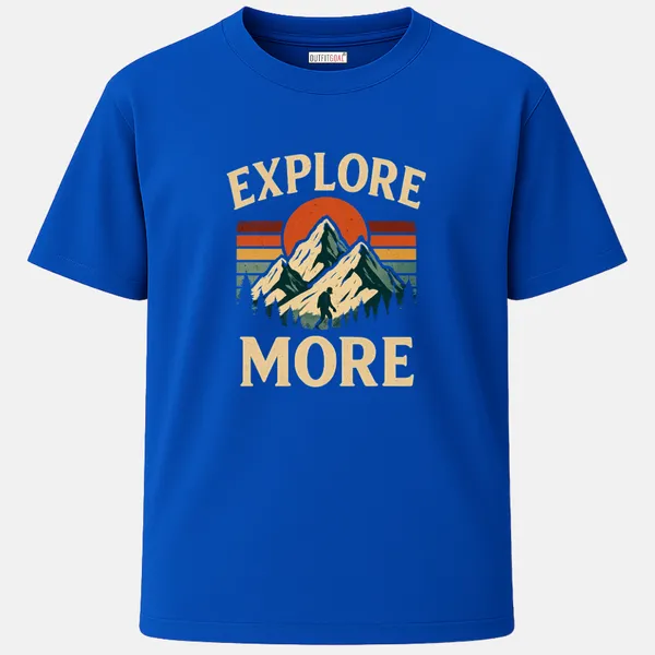 _Regular_Unisex_Royal_Blue_Graphics_T-Shirt,_Hiker_silhouette_with_bold_mountain_sunset_explore_more_text_|_TRAVEL_MODE