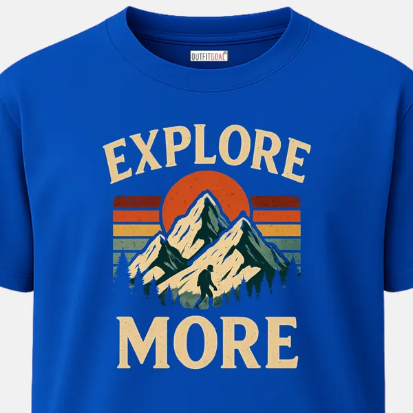 _Regular_Unisex_Royal_Blue_Graphics_T-Shirt,_Hiker_silhouette_with_bold_mountain_sunset_explore_more_text_|_TRAVEL_MODE