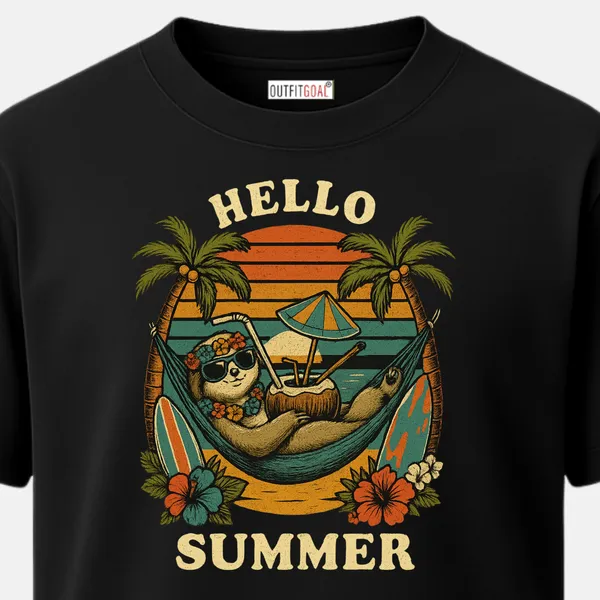 _Regular_Unisex_Black_Graphics_T-Shirt,_Sloth_chilling_in_hammock_surfboards_flowers_coconut_drink_sunset_text_hello_summer_|_TRAVEL_MODE