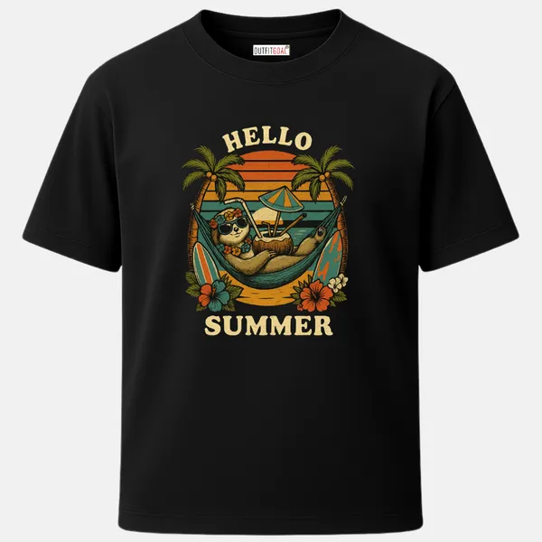 _Regular_Unisex_Black_Graphics_T-Shirt,_Sloth_chilling_in_hammock_surfboards_flowers_coconut_drink_sunset_text_hello_summer_|_TRAVEL_MODE