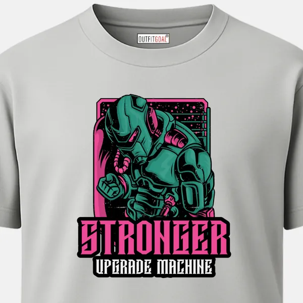 _Regular_Unisex_Grey_Graphics_T-Shirt,_Robotic_fighter_in_teal_and_magenta_text_stronger_upgrade_machine_|_SPORTS_MODE
