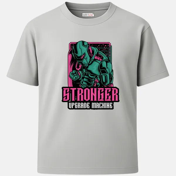 _Regular_Unisex_Grey_Graphics_T-Shirt,_Robotic_fighter_in_teal_and_magenta_text_stronger_upgrade_machine_|_SPORTS_MODE