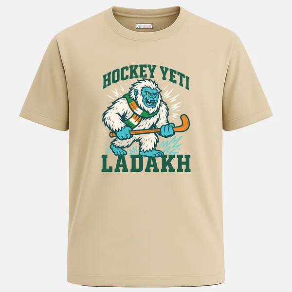 _Regular_Unisex_Beige_Graphics_T-Shirt,_Yeti_mascot_with_tricolor_scarf_hockey_yeti_ladakh_|_SPORTS_MODE