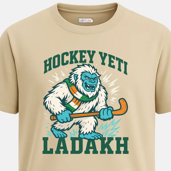 _Regular_Unisex_Beige_Graphics_T-Shirt,_Yeti_mascot_with_tricolor_scarf_hockey_yeti_ladakh_|_SPORTS_MODE