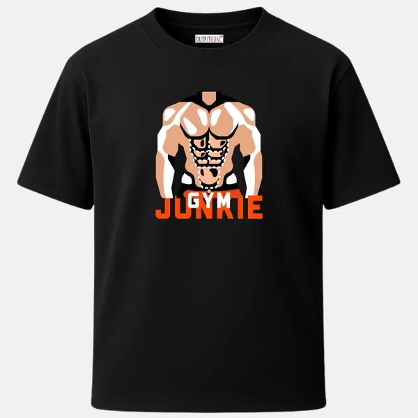 _Regular_Unisex_Black_Graphics_T-Shirt,_Muscular_torso_art_bold_text_gym_junkie_|_SPORTS_MODE