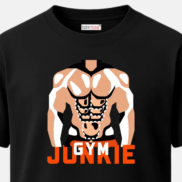 _Regular_Unisex_Black_Graphics_T-Shirt,_Muscular_torso_art_bold_text_gym_junkie_|_SPORTS_MODE