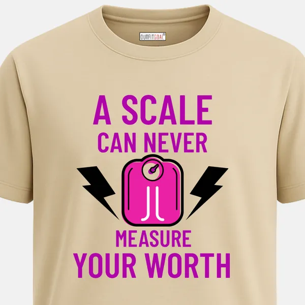 _Regular_Unisex_Beige_Graphics_T-Shirt,_Pink_scale_icon_text_a_scale_can_never_measure_your_worth_|_SPORTS_MODE