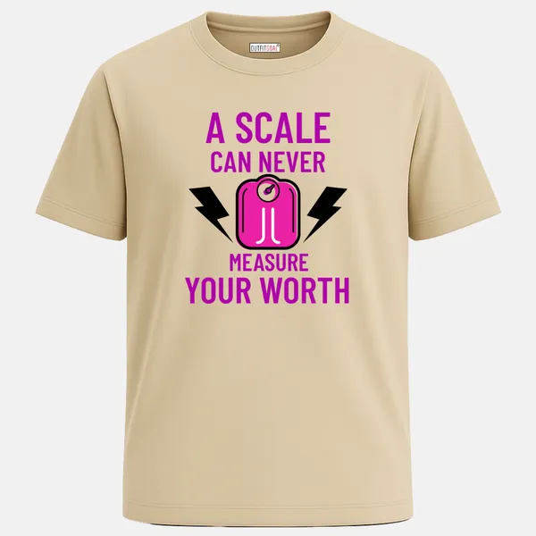 _Regular_Unisex_Beige_Graphics_T-Shirt,_Pink_scale_icon_text_a_scale_can_never_measure_your_worth_|_SPORTS_MODE