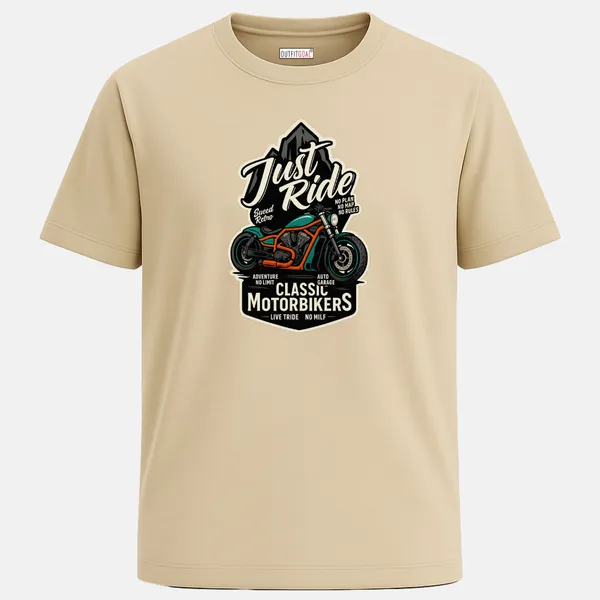 Outfitgoal_Regular_Unisex_Beige_Graphics_T-Shirt,_Retro_badge_with_custom_bike_and_mountain_backdrop_under_Just_Ride_Classic_Motorbikers_theme._|_TRAVEL_MODE