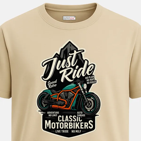 Outfitgoal_Regular_Unisex_Beige_Graphics_T-Shirt,_Retro_badge_with_custom_bike_and_mountain_backdrop_under_Just_Ride_Classic_Motorbikers_theme._|_TRAVEL_MODE