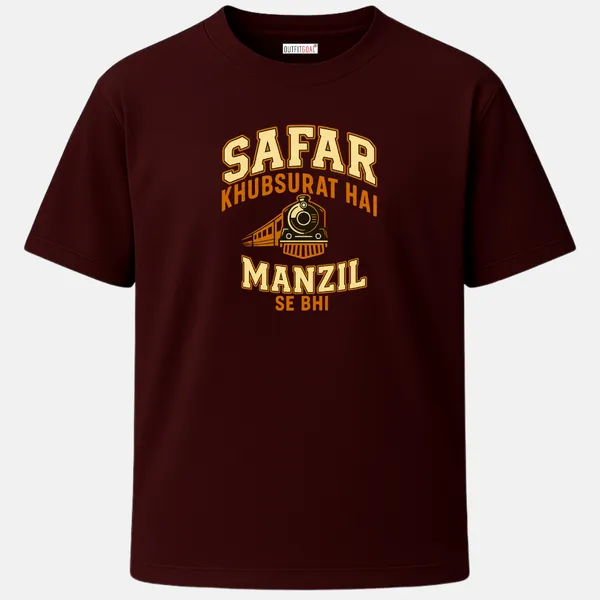 _Regular_Unisex_Maroon_Graphics_T-Shirt,_Golden_yellow_retro_train_with_hindi_text_safar_khubsurat_hai_manzil_se_bhi_|_TRAVEL_MODE