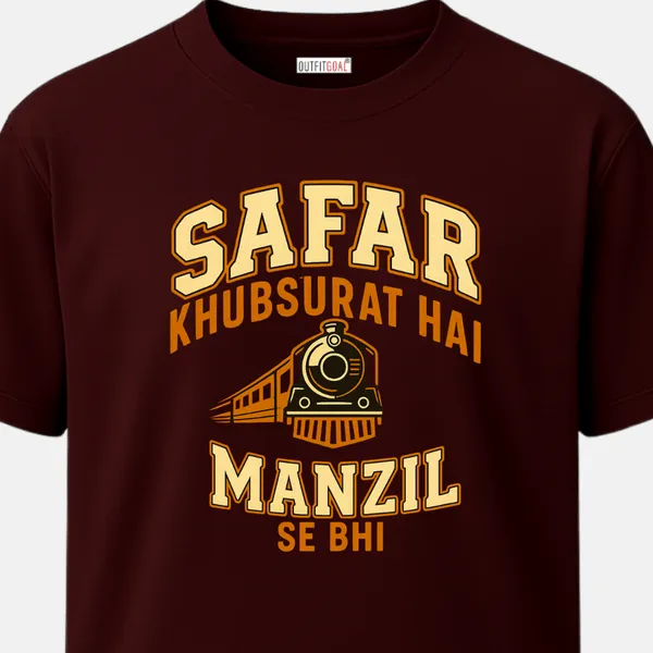 _Regular_Unisex_Maroon_Graphics_T-Shirt,_Golden_yellow_retro_train_with_hindi_text_safar_khubsurat_hai_manzil_se_bhi_|_TRAVEL_MODE