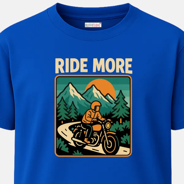 _Regular_Unisex_Royal_Blue_Graphics_T-Shirt,_Solo_biker_with_helmet_pine_trees_mountains_orange_sunset_ride_more_text_|_TRAVEL_MODE