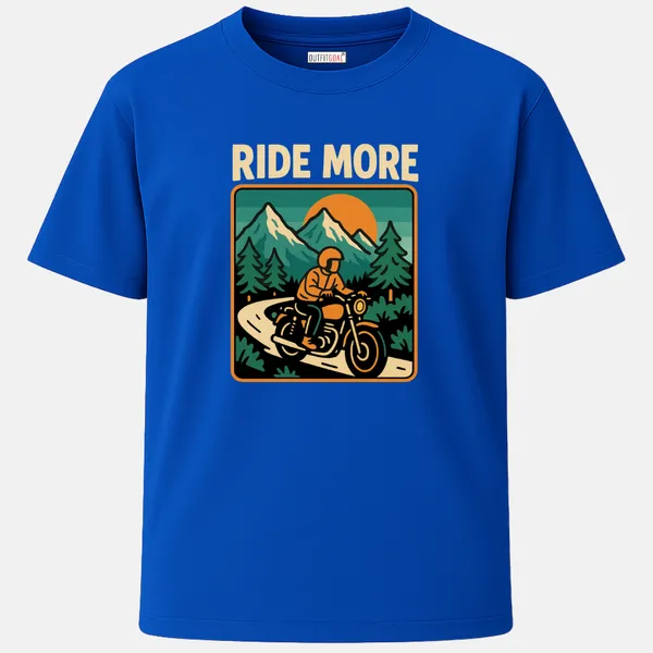 _Regular_Unisex_Royal_Blue_Graphics_T-Shirt,_Solo_biker_with_helmet_pine_trees_mountains_orange_sunset_ride_more_text_|_TRAVEL_MODE