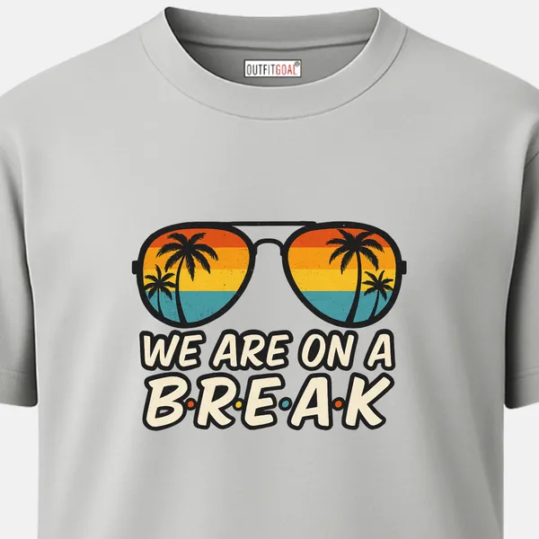 _Regular_Unisex_Grey_Graphics_T-Shirt,_Retro_sunglasses_with_palm_reflection_text_we_are_on_a_break_|_TRAVEL_MODE