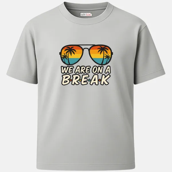 _Regular_Unisex_Grey_Graphics_T-Shirt,_Retro_sunglasses_with_palm_reflection_text_we_are_on_a_break_|_TRAVEL_MODE