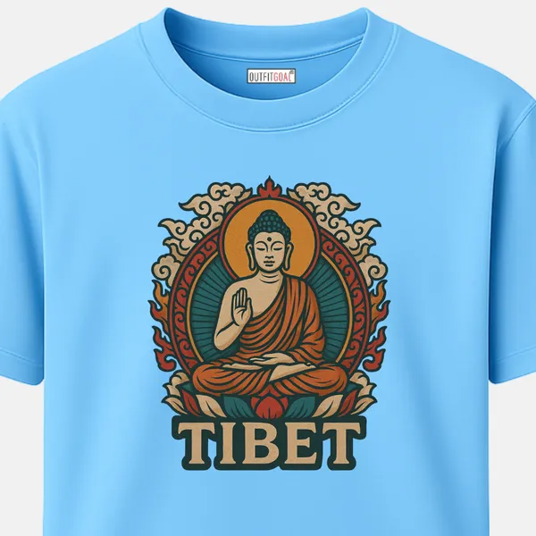 _Regular_Unisex_Sky_Graphics_T-Shirt,_Buddha_seated_on_lotus_with_mandala_flames_and_tibet_text_|_TRAVEL_MODE
