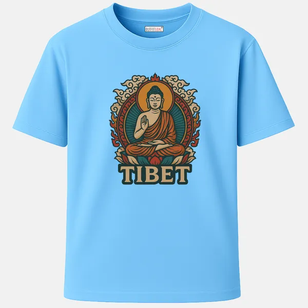 _Regular_Unisex_Sky_Graphics_T-Shirt,_Buddha_seated_on_lotus_with_mandala_flames_and_tibet_text_|_TRAVEL_MODE