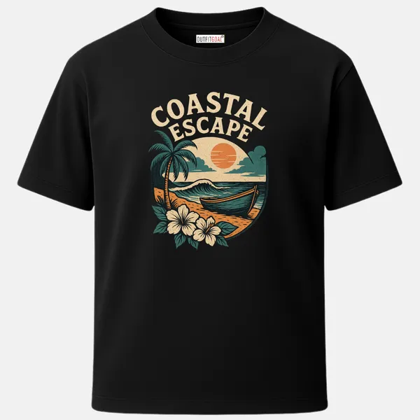 _Regular_Unisex_Black_Graphics_T-Shirt,_Palm_tree_boat_flowers_sunset_type_art_coastal_escape_|_TRAVEL_MODE