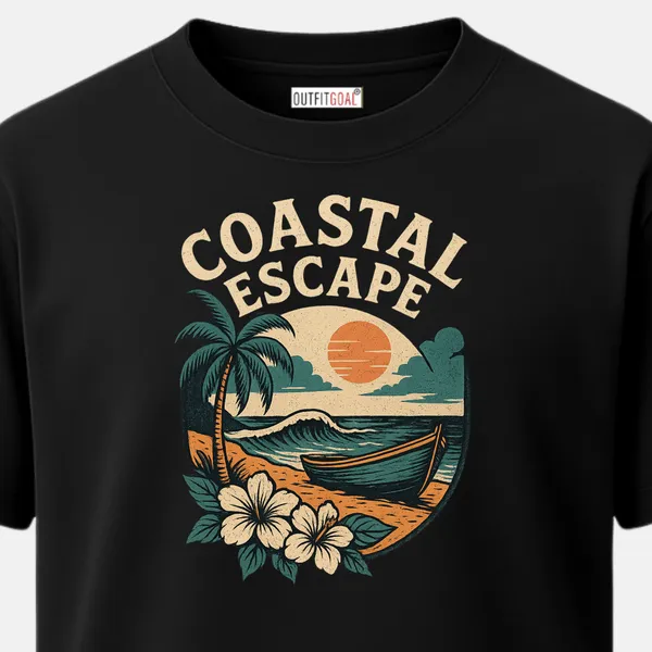 _Regular_Unisex_Black_Graphics_T-Shirt,_Palm_tree_boat_flowers_sunset_type_art_coastal_escape_|_TRAVEL_MODE