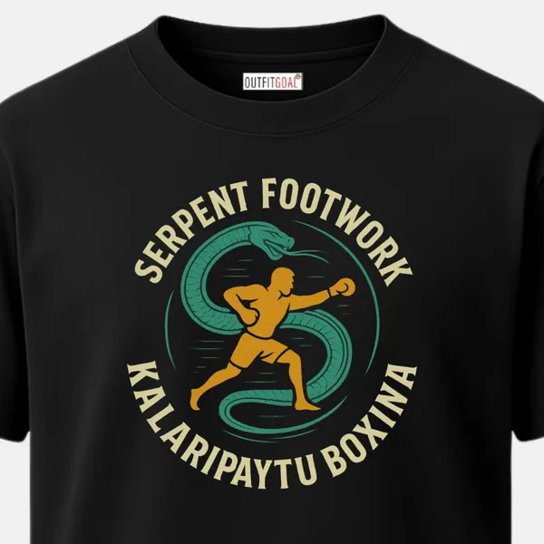 _Regular_Unisex_Black_Graphics_T-Shirt,_Boxer_like_fighter_framed_by_coiling_serpent_text_serpent_footwork_kalaripayattu_boxina_|_SPORTS_MODE