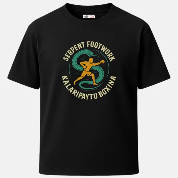 _Regular_Unisex_Black_Graphics_T-Shirt,_Boxer_like_fighter_framed_by_coiling_serpent_text_serpent_footwork_kalaripayattu_boxina_|_SPORTS_MODE
