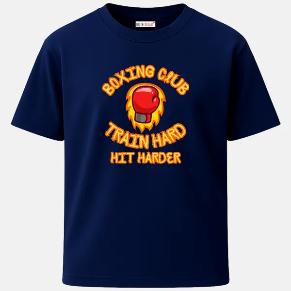 _Regular_Unisex_Navy_Graphics_T-Shirt,_Red_glove_on_fire_with_text_train_hard_hit_harder_|_SPORTS_MODE