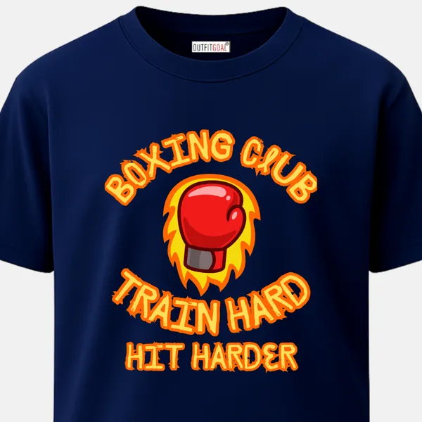 _Regular_Unisex_Navy_Graphics_T-Shirt,_Red_glove_on_fire_with_text_train_hard_hit_harder_|_SPORTS_MODE
