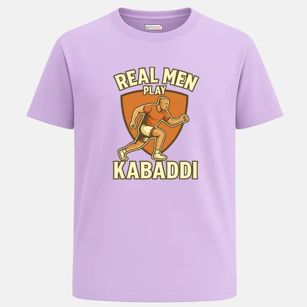 _Regular_Unisex_Lavender_Graphics_T-Shirt,_Strong_male_kabaddi_player_in_orange_outfit_with_shield_backdrop_text_real_men_play_kabaddi_|_SPORTS_MODE