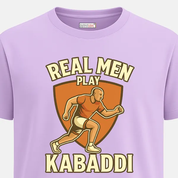 _Regular_Unisex_Lavender_Graphics_T-Shirt,_Strong_male_kabaddi_player_in_orange_outfit_with_shield_backdrop_text_real_men_play_kabaddi_|_SPORTS_MODE