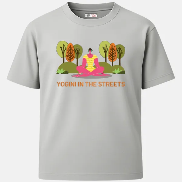 _Regular_Unisex_Grey_Graphics_T-Shirt,_Abstract_female_yogini_sitting_cross_legged_in_city_park_wearing_headphones_bright_modern_flat_art_|_SPORTS_MODE
