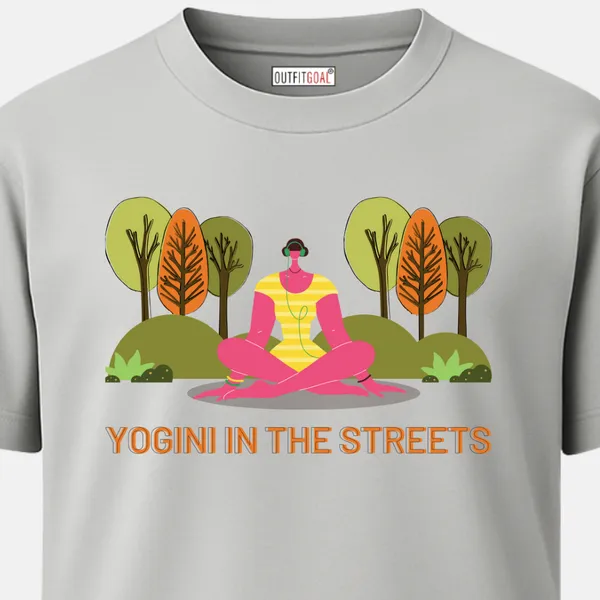 _Regular_Unisex_Grey_Graphics_T-Shirt,_Abstract_female_yogini_sitting_cross_legged_in_city_park_wearing_headphones_bright_modern_flat_art_|_SPORTS_MODE