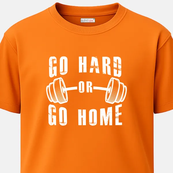_Regular_Unisex_Bhagwa_Graphics_T-Shirt,_Dumbbell_bar_art_white_distressed_text_go_hard_or_go_home_|_SPORTS_MODE